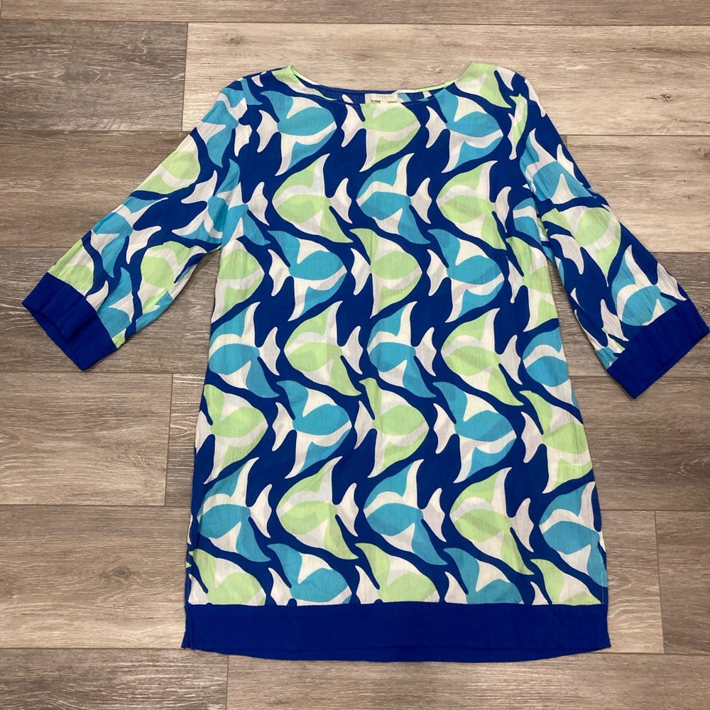 Talbots Green, Blue, and White Fish Tunic Top Size Medium
